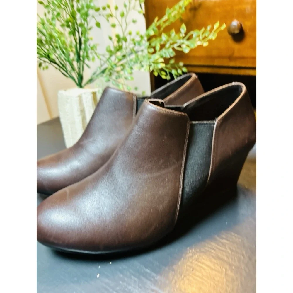 Vionic Booties‎ Stanton Womens 6 Wedge Brown Leather Comfort Shoes